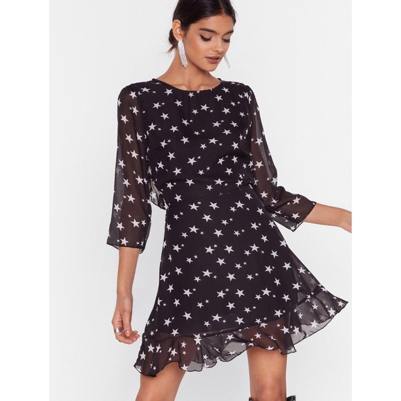 NWT‎ Nasty Gal Walk of Fame Star Print Mini Dress Open Back Ruffle Sheer Black 2 - Picture 1 of 9